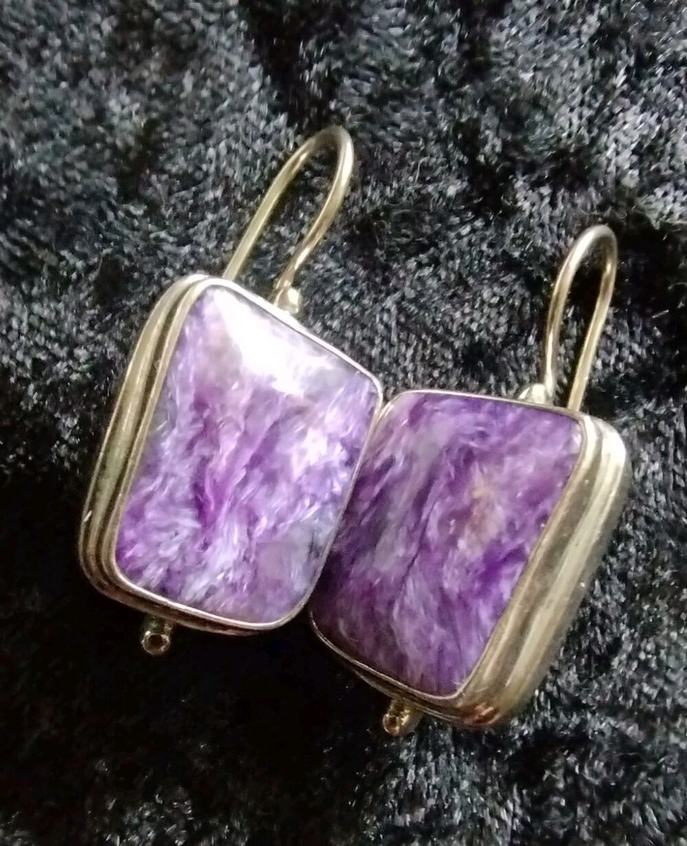 Siberian Natural Charoite Mineral & 925 Sterling Silver Artisan Signed Earrings